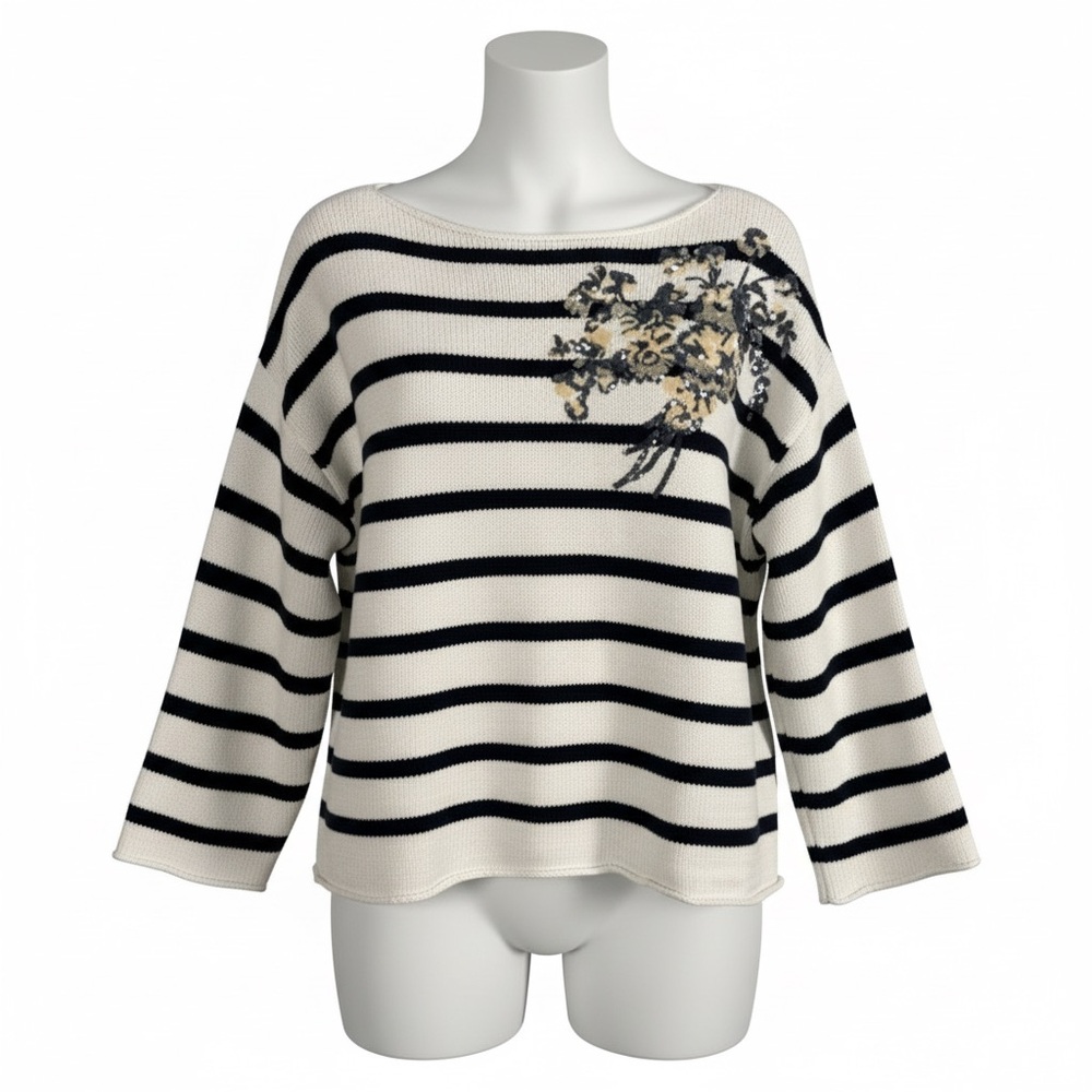 Demylee Striped Oversized Sweater with Floral Sequin Design Size S Parisian